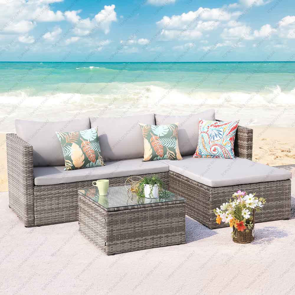 L Shaped PE Rattan Garden Sofa Outdoor Furniture 51924J3-SET-3