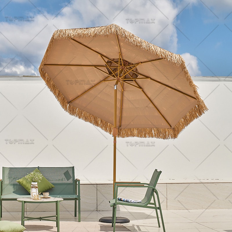 Dia2.5m Steel Beach Straw Umbrella with Fringe Polyester 60418J-D