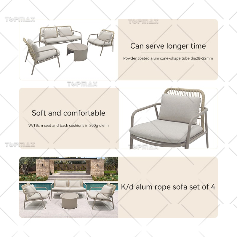 Outdoor Rope Sofa Set Alum Outdoor Rope Couch Cone Shape Legs 52998T4-SET4