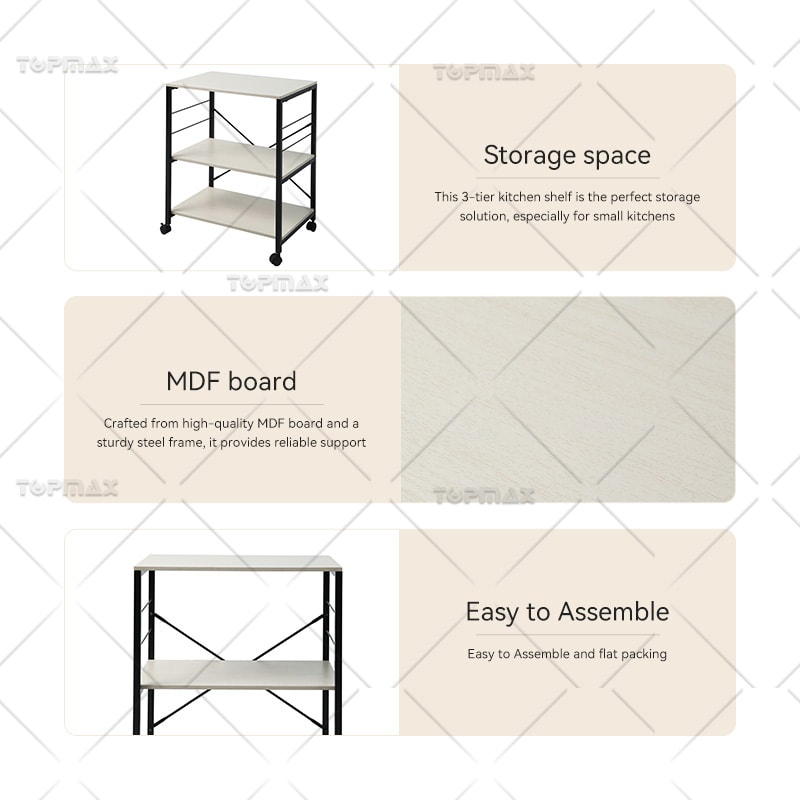 Metal Kitchen Trolley Steel 3 Tiers MDF Board Kitchen Shelf Trolley 89462B