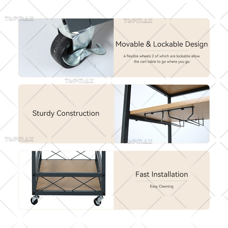 3 Tier Storage Trolley Sturdy Movable Kitchen Metal Trolley with Wheels 89455A