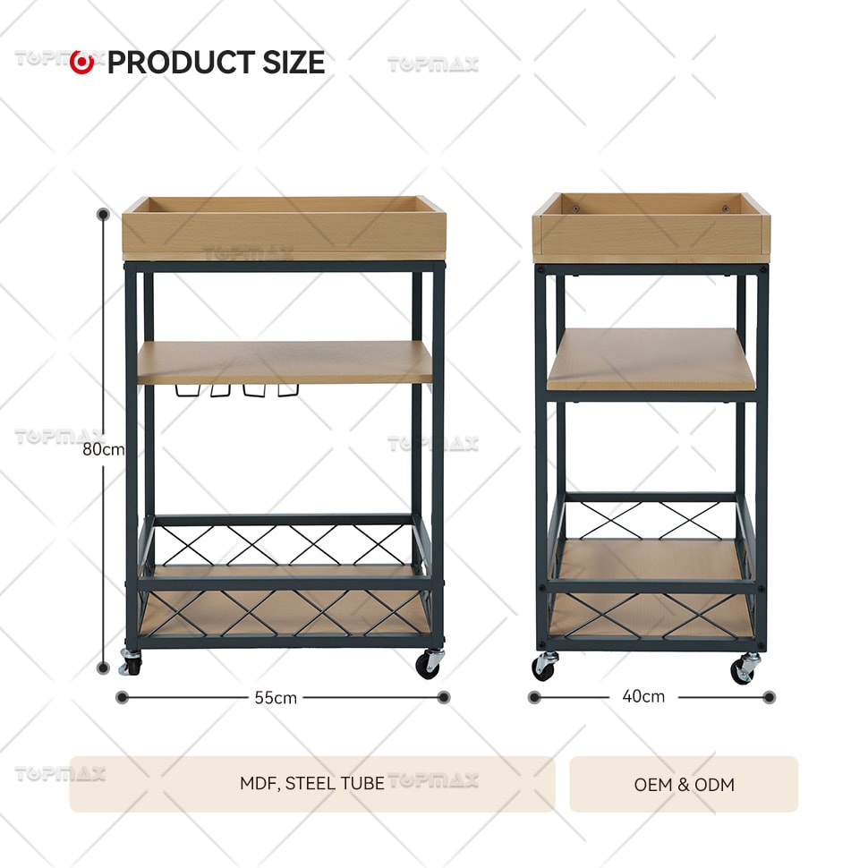 3 Tier Storage Trolley Sturdy Movable Kitchen Metal Trolley with Wheels 89455A