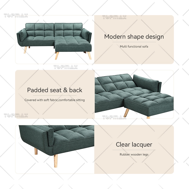 L Shaped Sleeper Sofa Sleeper Couch Bed Padded Seat Rubber Wooden Legs 72405