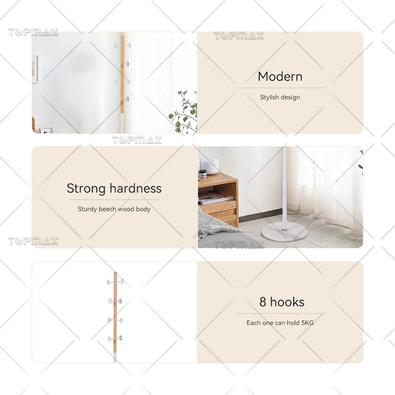 Modern Coat Hooks sturdy Beech Wood Body Coat Stand Marble Base 22006A