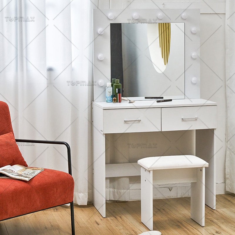 Mirrored Computer Desk Two Drawers Computer Table Set with Stool 27647B-SET2-A